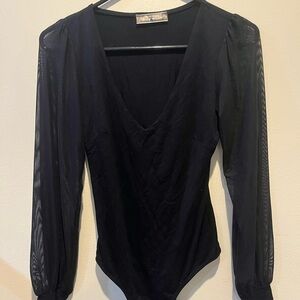 Blue Blush Black Fitted V-Neck Bodysuit with Sheer Sleeves